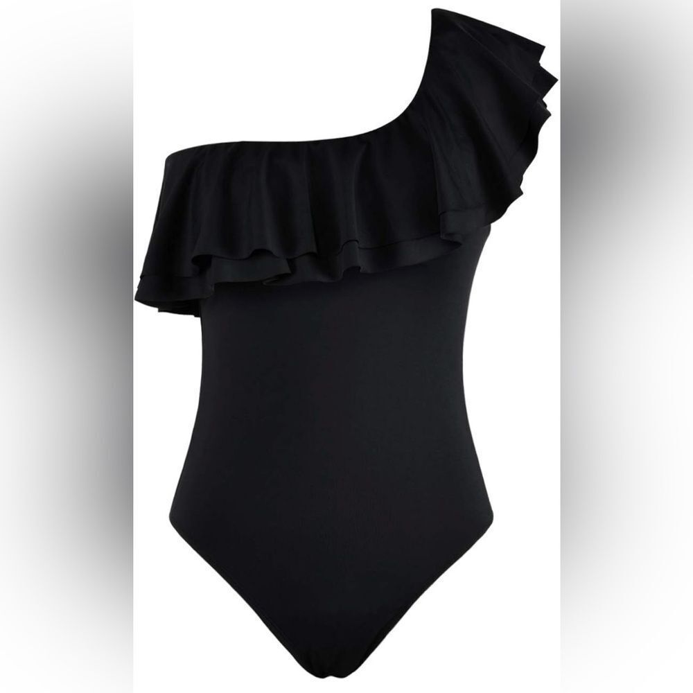 Hilor One-Shoulder Black Ruffle Swimsuit size 6 NWT